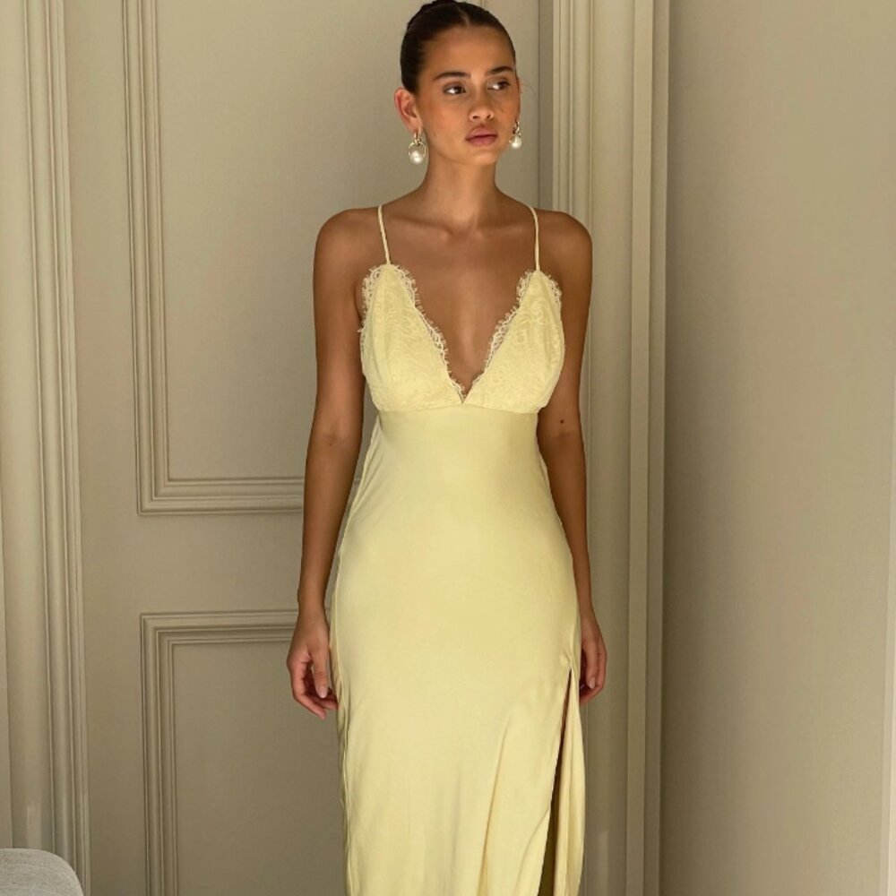 NWT Meshki Satin Slip Maxi Dress With Lace - Lemon in Medium